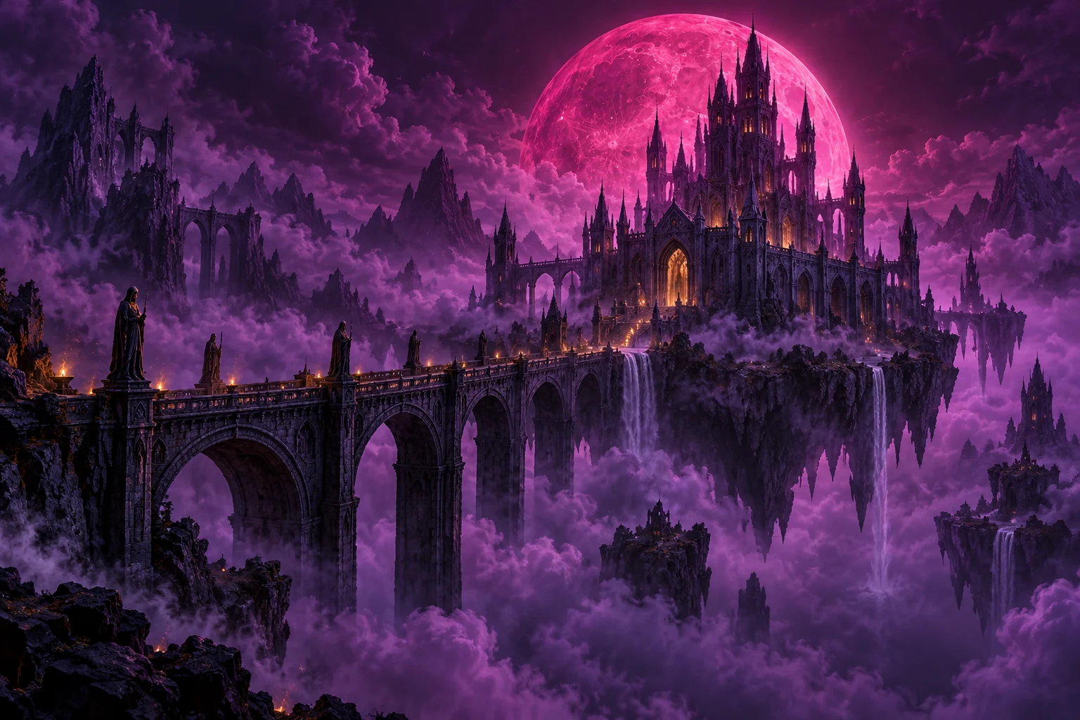 Magenta moon over a floating castle, original art for the release-date card